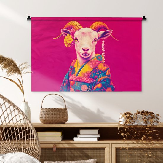 Tapisserie murale 90x60 cm - Tapisserie murale Chèvre - Cornes - Kimono - Colorée - Tapisseries