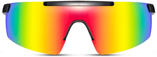 Zonnebril - Fiets - Sport - Festival bril - Rave - Voor heren en dames - Semi randloos - Glanzend - Zwart - Multicolor spiegelglas van Onbekend — afbeelding 4