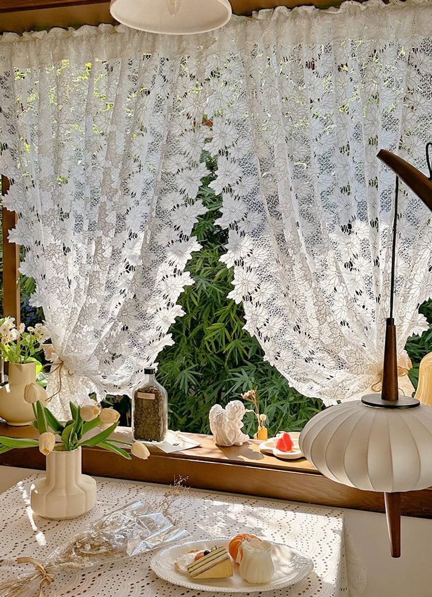 Ibenzoa® Romantisch Kanten Gordijn met Bloemenpatroon voor Keuken en Woonkamer, 120 x 150 cm, Wit