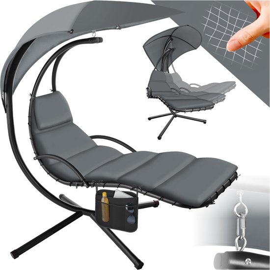 tectake® Hangligstoel met frame - Zwevend ligbed - Schommelligstoel met zonnekap - Hangstoel inclusief tas - Met gestoffeerd kussen - Voor tuin, terras en balkon - Afmeting (LxBxH) 195 x 132 x 197 cm - Grijs