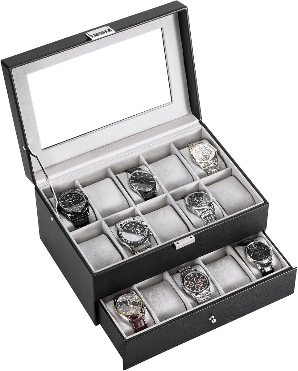 Horlogedoos voor mannen met 20 slots - Horlogebox organizer met glazen deksel, zwart