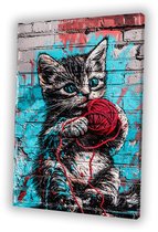 Speelse kat met rode garen - Kat canvas schilderij - Schilderijen canvas dieren - Street Art - Modern schilderij - Muurdecoratie - canvas 100x150 cm