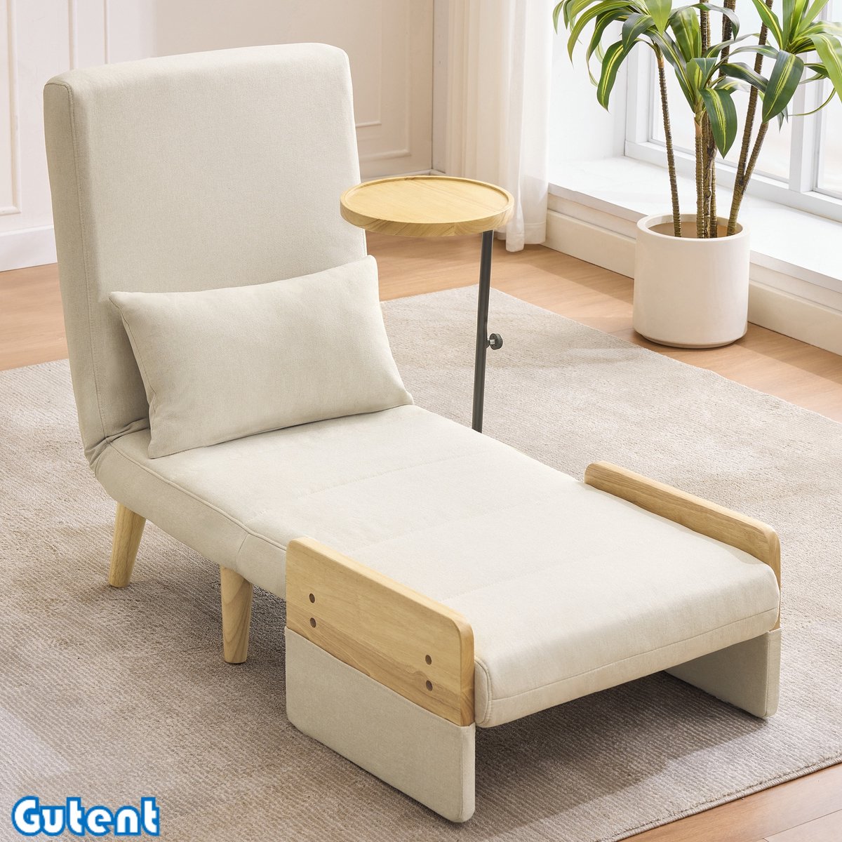 Gutent Fauteuil - met slaapfunctie - 3 in 1 omvormbaar - met houten dienblad - gestoffeerd opvouwbaar - Beige