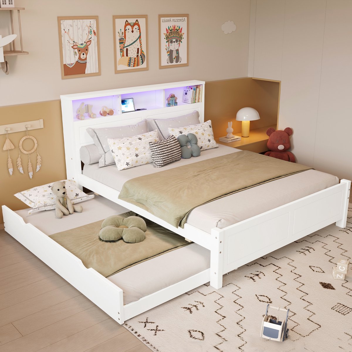 Sweiko Tweepersoonsbed - 120x200cm - LED strip - Oplaadcontactdoos - Uittrekbaar bed - Dennenhouten - Wit