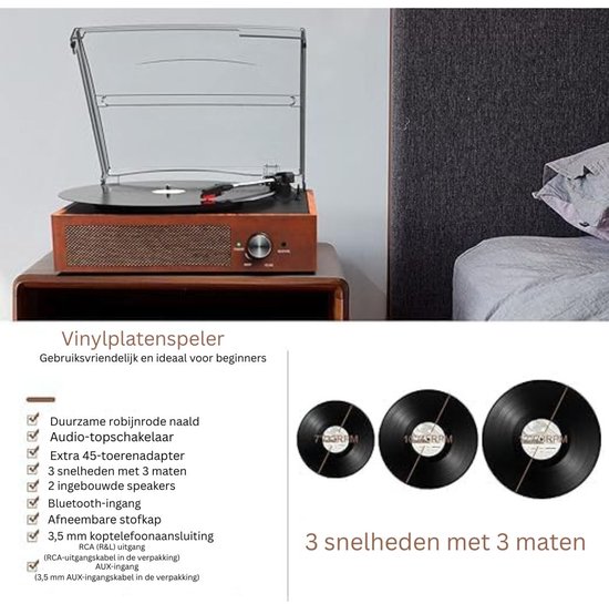 Platenspeler Bluetooth - CD Speler met Speakers - Vintage - Bruin — afbeelding 3