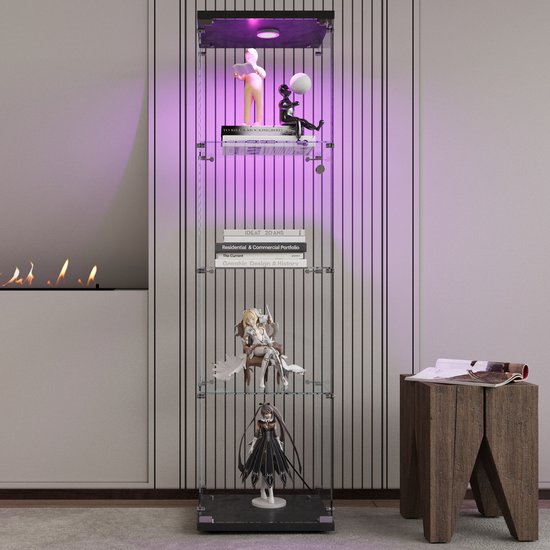 Vitrine en verre avec LED, Vitrine moderne avec 4 étagères en verre ESG, Vitrine de collection pour Bar, Salon, 164 x 42,5 x 36,5 cm, Zwart