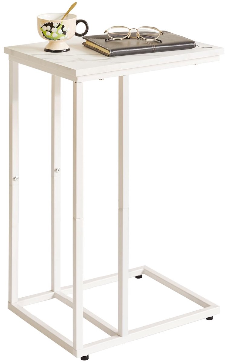 Unyqoos ® Bijzettafel met C-vormig Ontwerp, Marmeren Look, Houten Planken en Metalen Frame voor Veelzijdig Gebruik wit