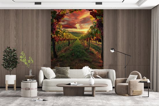 Behang - Fotobehang Wijngaard - Druiven - Zonsondergang - Breedte 200 cm x hoogte 300 cm