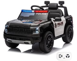 Ford Raptor Full Option Elektrische Politieauto 1 tot 5 jaar – Officieel Gelicentieerd Accuvoertuig met Sirene Speaker, Politieverlichting & Bluetooth – 12V Kinderauto met Afstandsbediening, Lederen Zitje & Soft-Start – Zwart