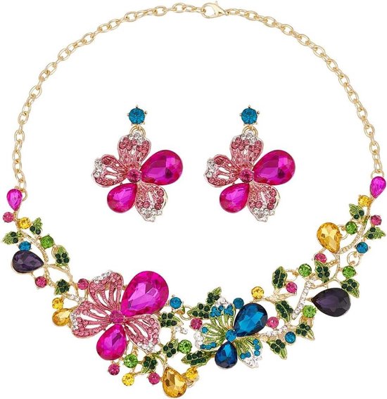 SUPERFINDINGS 2Pcs Crystal Bloem Ketting Oorbellen Set Bruiloft Bruiden Sieraden Sets Strass Bib Verklaring Ketting Mode Bloem Dangle Stud Oorbellen Prom Party Sieraden Voor Vrouw, Stras