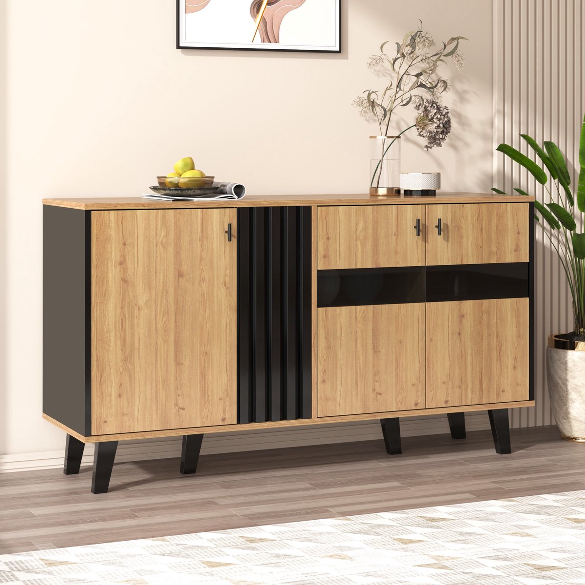 Sweiko 140 x 78 x 41 cm dressoir, kleurgecoördineerd design dressoir in hout en zwart met opbergruimte, kast met LED licht en glas Natuurlijk