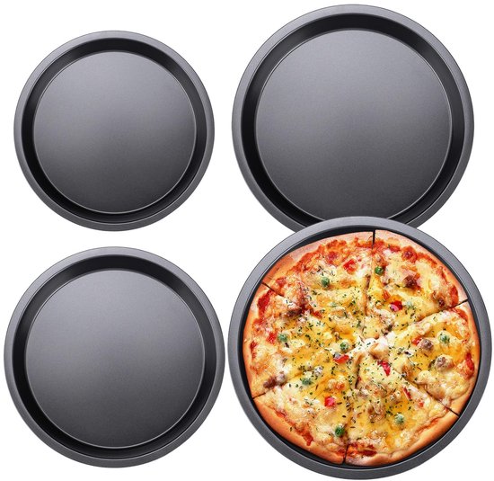 Set van 4 ronde pizzaplaten 20 cm - Quichevorm - Roestvrij staal - Pizzaplaat - Antiaanbaklaag - Voor pizza, flambétaarten, cake