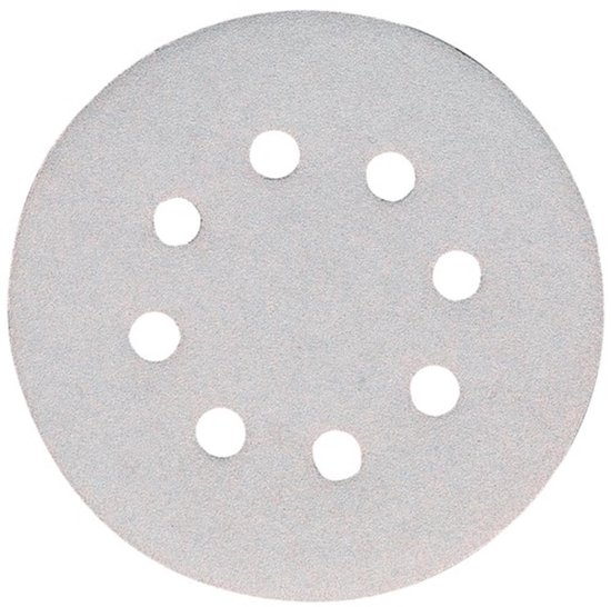 Eén ronde witte Makita schuurschijf met zeven gaten, 125 mm, korrel 40.