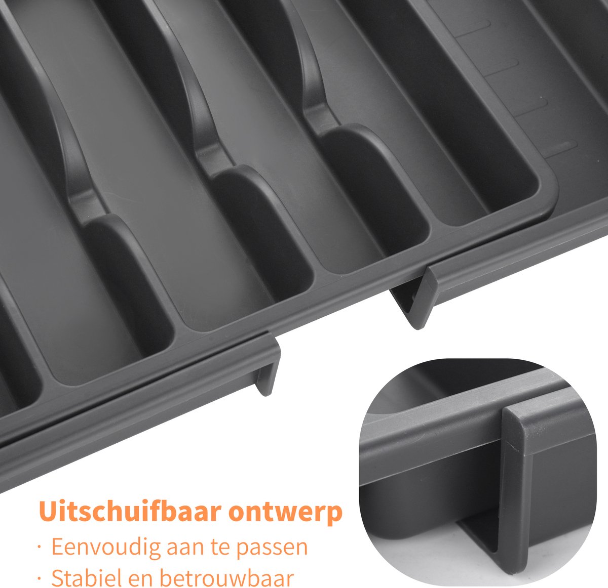 LaCardia Verstelbare bestekbak - Uitschuifbaar, Universeel & Vaatwasser bestendig - besteklade met 8 vakken - Kunststof zwart - 60,5 x 39 cm - Bestekcassette — afbeelding 6