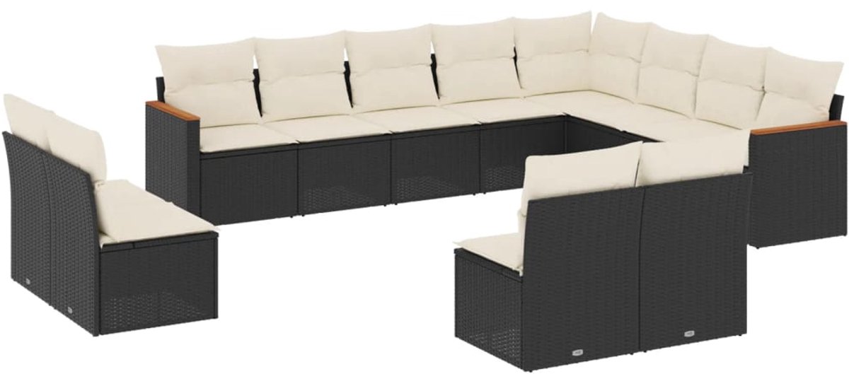 The Living Store 12-delige Loungeset met kussens poly rattan zwart - Loungebank - Lounge Set - Tuinset - Buitendecoratie - Outdoor Furniture