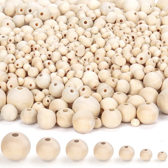 Belle Vous 1000 Pak Natuurlijk Onbewerkt Houten Hobby Ballen – 7 Geassorteerde Maten – Mini Ronde Houten Kralen met Gaten – Voor DIY Projecten, Sieraden Maken, Huis/Feest Decoratie, Kunst en Hobby