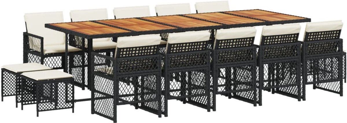 The Living Store 15-delige Tuinset met kussens poly rattan zwart - Tuinmeubel - Tuinset - Lounge Set - Buitendecoratie - Eetkamerset