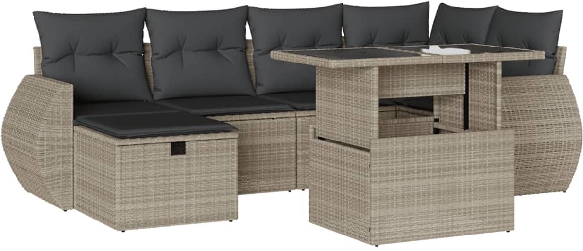 The Living Store 7-delige Loungeset met kussens poly rattan lichtgrijs - Loungebank - Lounge Set - Tuinmeubels - Buitendecoratie - Outdoor Furniture