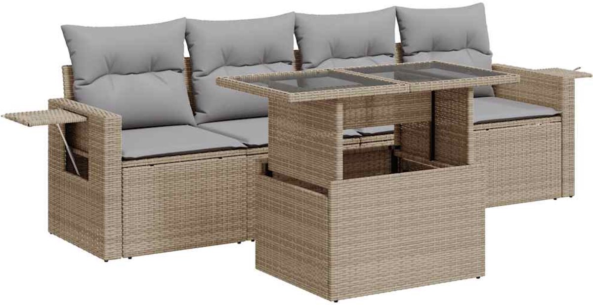 The Living Store 5-delige Loungeset met kussens poly rattan beige - Loungebank - Lounge Set - Buis Meubel - Tuinbank - Terrassenset