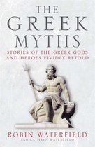 Boek 'The Greek Myths', met een beeld van Poseidon en de tekst 'Stories of the Greek Gods and Heroes Vividly Retold'.