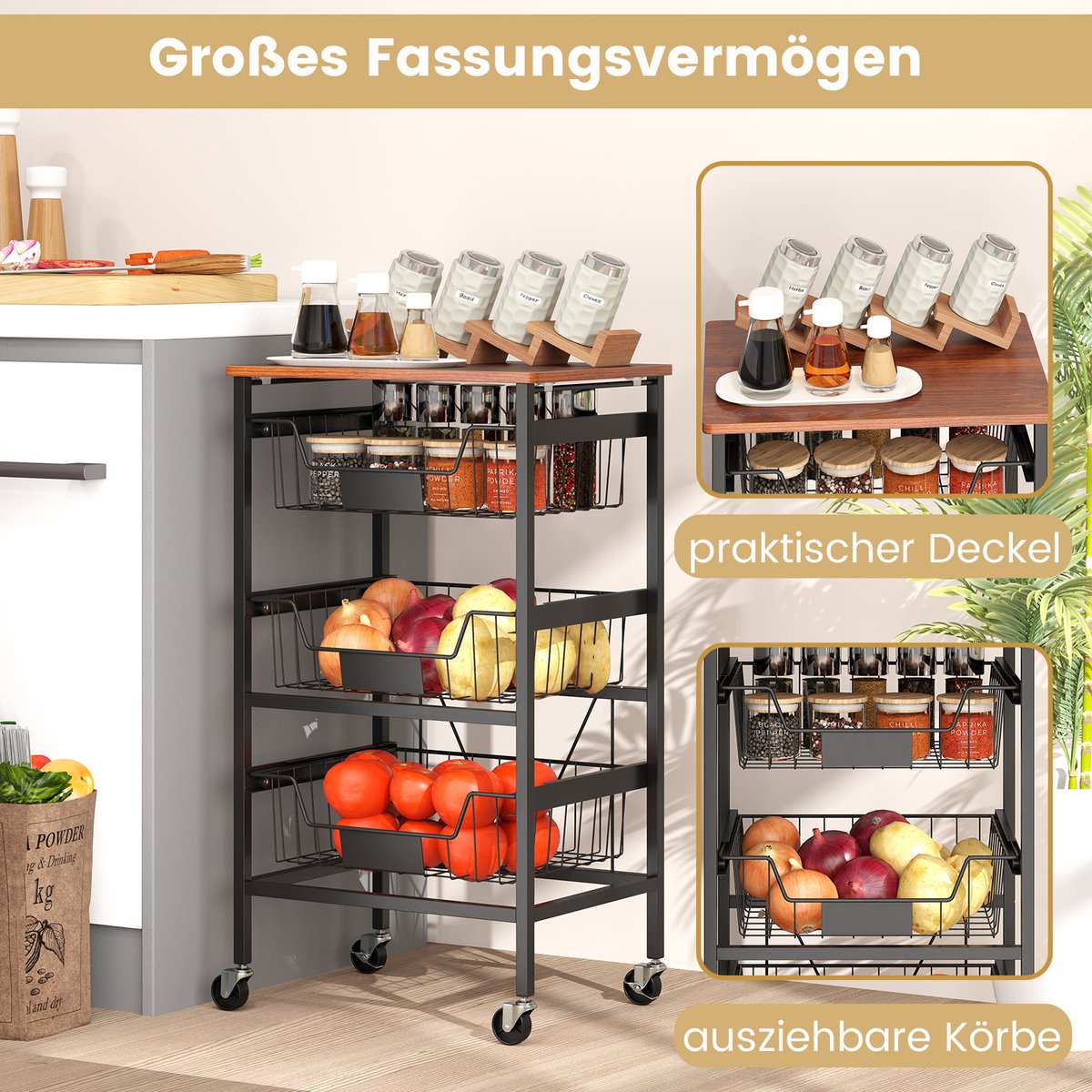 Groentewagen, 4 Niveaus, Keuken-fruitschaal Met Wieltjes, Opbergmand Voor Groenten Van Metaal Met Wieltjes En Antislipvoeten, Voor Het Opbergen Van Groenten En Fruit Zwart Groentewagen, 4 Niveaus, Keuken-fruitschaal Met Wieltjes, Opbergmand Voor Groenten Van Metaal Met Wieltjes En Antislipvoeten, Voor Het Opbergen Van Groenten En Fruit Zwart