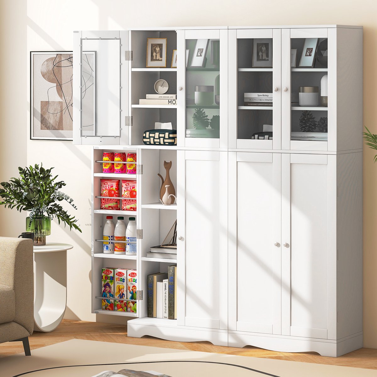 Costway Keukenkast van hout, hoge kast met glazen deuren, keukenbuffet, vrijstaand, multifunctioneel, met kantelbeveiliging, opbergkast voor keuken, eetkamer, woonkamer, 60 x 31,5 x 161,5 cm — cadeau in Cadeau-ideeën - foto 4