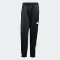 Zwarte trainingsbroek met witte strepen aan de zijkant en een wit Adidas logo.