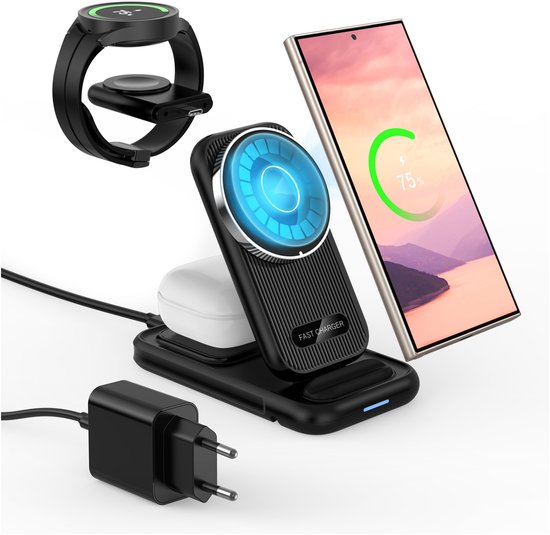 MMOBIEL Draadloze Oplader voor Samsung – 4 in 1 Qi2 Opvouwbaar Draadloos Oplaadstation – Laadstation voor Samsung Galaxy S25/S24/S23/S22 Series, Watch 7/6/5, Buds – Incl. 25W Adapter – Zwart