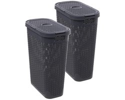 5Five Smalle Wasmand met deksel Rotan - 2x - donkergrijs - gevlochten kunststof - 40 liter - 26 x 46 x 60 cm