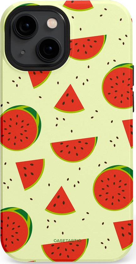 Telefoonhoesje met watermeloenprint, bestaande uit schijven, driehoeken en pitjes op een lichtgele achtergrond.