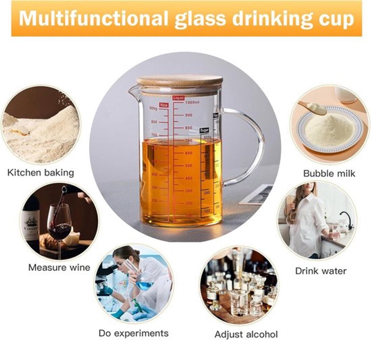QWORK® 1L maatbeker van borosilicaatglas met bamboe deksel, meervoudige schaalverdeling, hitte- en koudebestendig, magnetronbestendig om te bakken