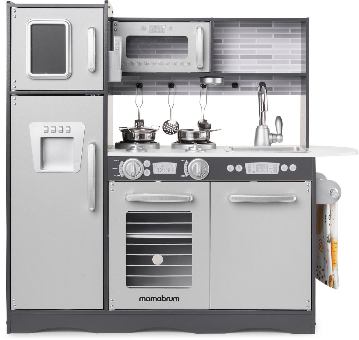 Keukentje Mamabrum XL Speelgoed houten speel keuken kinderkeukentje Speelkeuken eten speelgoedkeukentje Met accesoires pannen keukengerei set speelkeukentjes en toebehoren koken keukenschort keukenset kinderen voor ook 2 jaar, Hout, Grijs — afbeelding 4