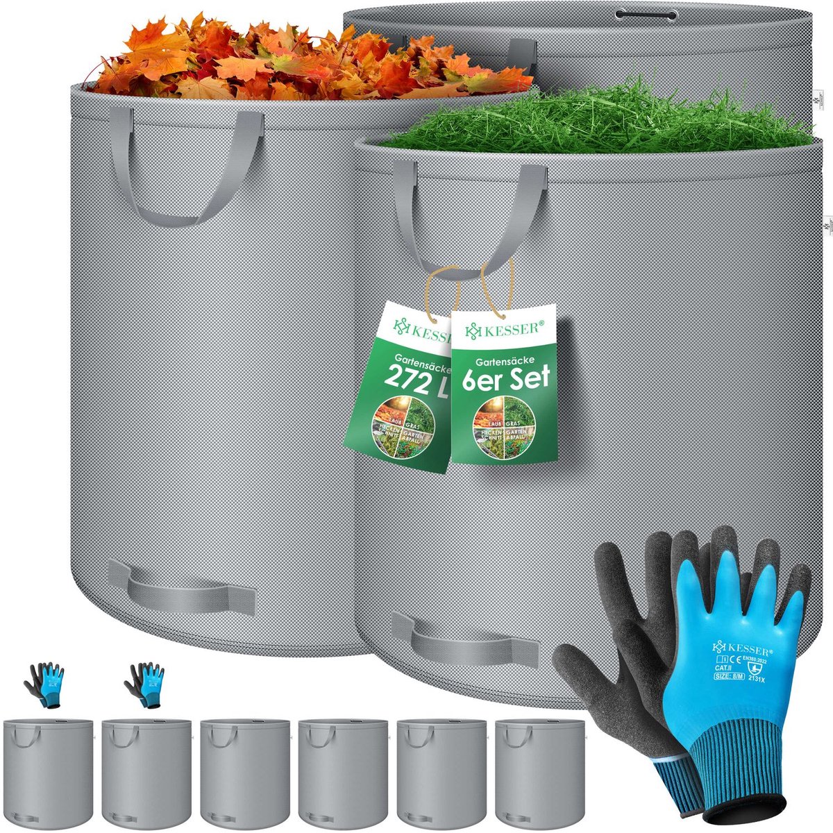 KESSER® - Tuinafvalzak set - zelfstaand, opvouwbaar - incl. handschoenen - 6x 272 L, grijs