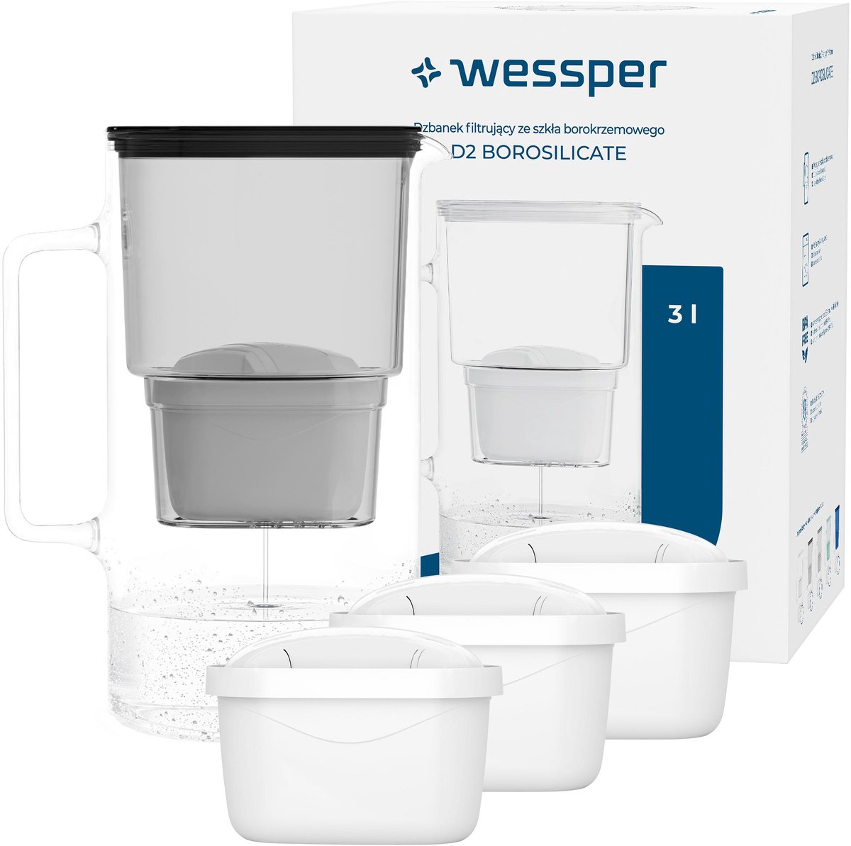 Wessper, Waterfilterkan Wessper D2 Borosilicate, glas, 3L, borosilicaatglas, zwart + 4x waterfilter Aquamax standard , waterfilterpatronen, set