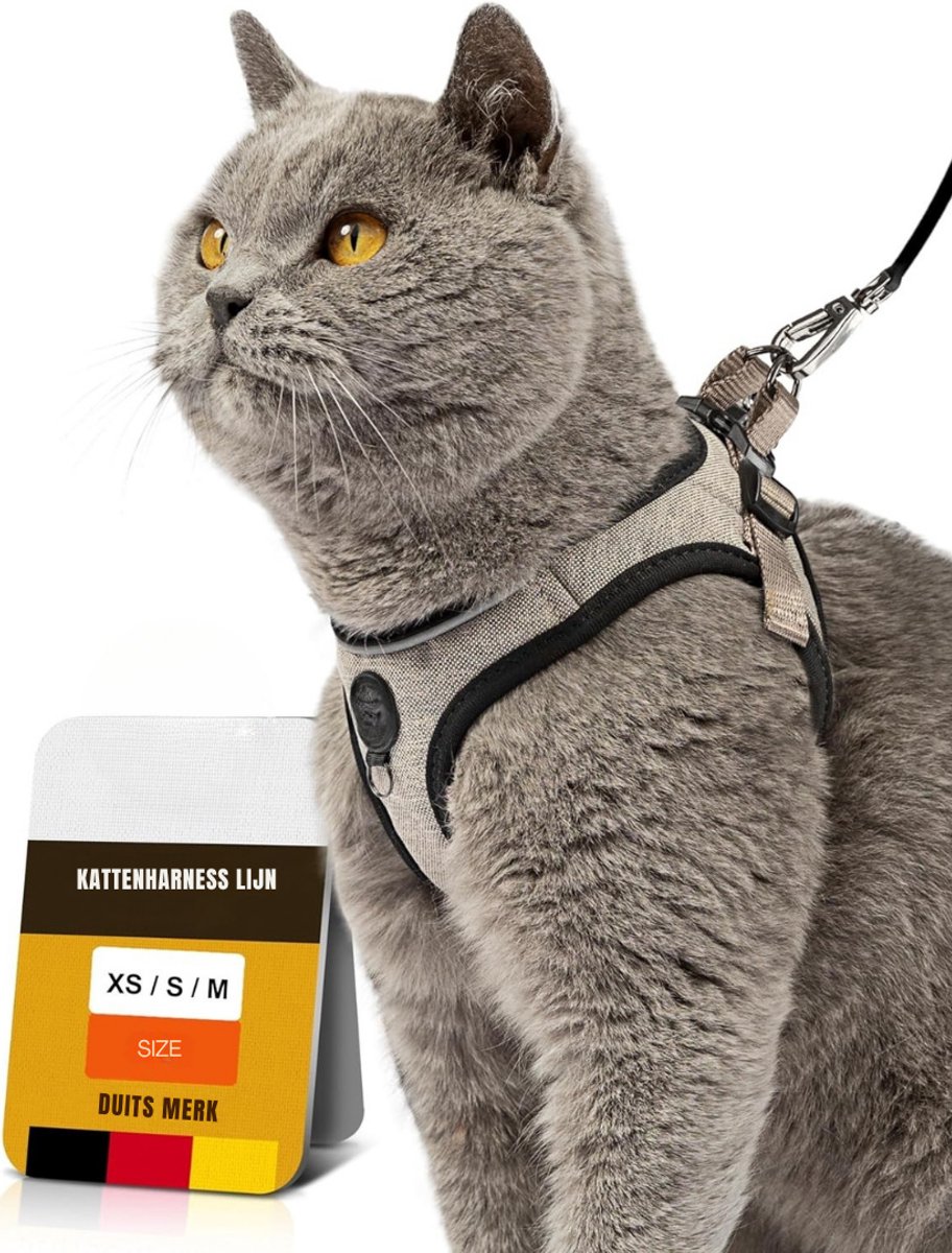 GTB® Kattentuigje met Looplijn - Kattentuigje - Kattenharnas - Grijs - 19cm x 14cm x 3cm
