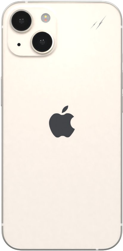 Cremekleurige iPhone 13 mini met dubbele camera, Apple logo en lichte krasjes.