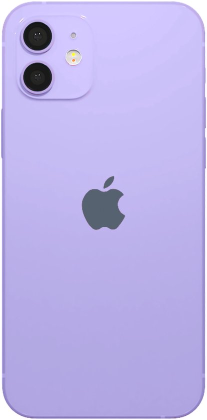 Achterkant van een paarse iPhone 12 met een dubbele camera en het Apple logo.