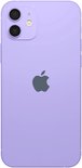 Achterkant van een paarse iPhone 12 met een dubbele camera en het Apple logo.