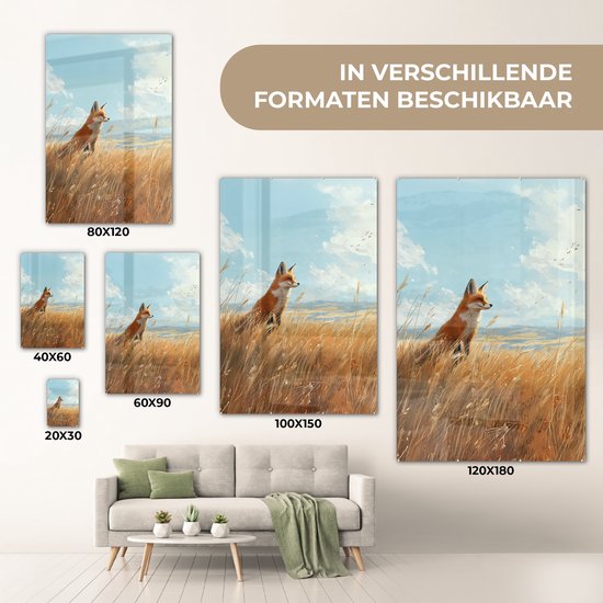 MuchoWow® Glasschilderij 120x180 cm - Schilderij acrylglas - Vos - Gras - Wolken - Oranje - Foto op glas - Muurdecoratie woonkamer - Wanddecoratie slaapkamer - Schilderijen