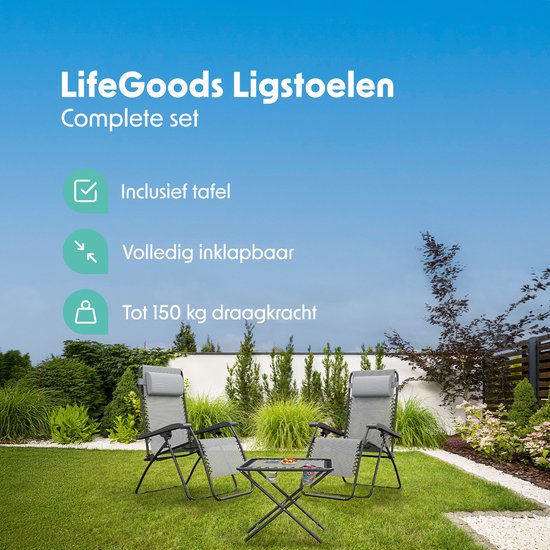 LifeGoods Ligstoelen - Opvouwbaar - Complete set - Met Bijzettafel - 30°-90° Verstelbaar - Tuinstoelen - Metaal - Grijs van Merkloos — afbeelding 2