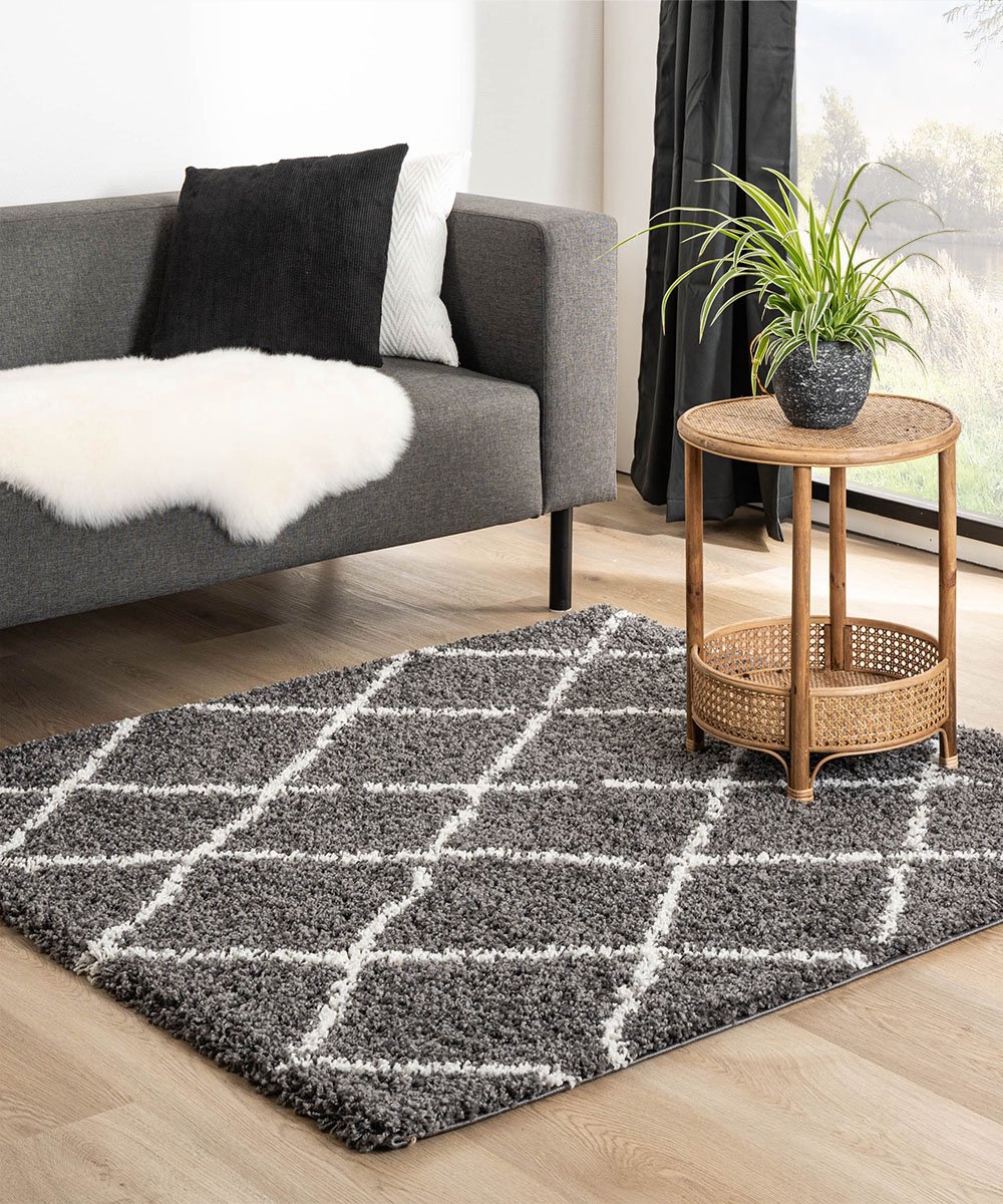Vierkant hoogpolig vloerkleed ruiten Habitat - grijs/wit 280x280 cm