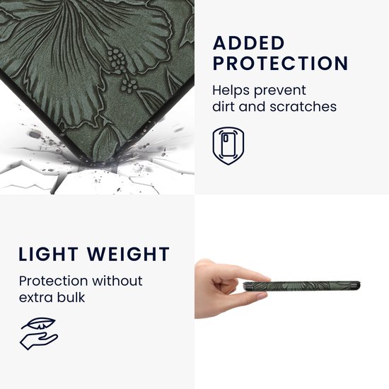 kwmobile e-reader hoesje geschikt voor Kobo Libra Colour hoes - E reader flip case met magnetische sluiting - Ereader cover - Bloemen in reliëf design in groen van Merkloos — afbeelding 4
