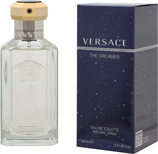 Versace The Dreamer Eau de Toilette Natural Spray 100 ml, in glazen fles met gouden dop en blauw, sterrenhemel doosje.