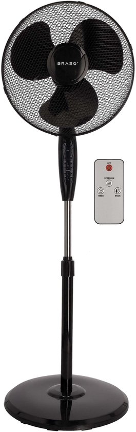 BRASQ Statiefventilator – 40 cm – Zwart – Met Afstandsbediening - Timer - Slaapmodus - In hoogte verstelbaar – Stille Ventilator - 40 Watt