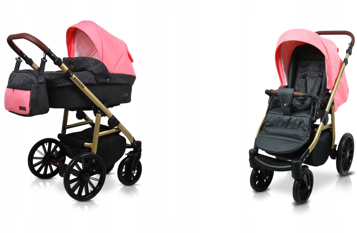 BabyLux® Kinderwagen 2in1 – ASPERO - BLACK CORAL - Opklapbare Wandelwagen incl. Reiswieg, Multifunctionele Buggy Sportstoel - Combi-kinderwagen met Luiertas, Regenhoes, Klamboe, Bekerhouder, etc.