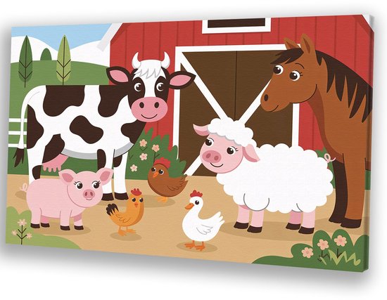 Animaux de la ferme mignons à la grange - Peinture de ferme sur toile - Peintures sur toile animaux - Art Digital - Décoration murale industrielle - Décoration chambre - toile 60x40 cm