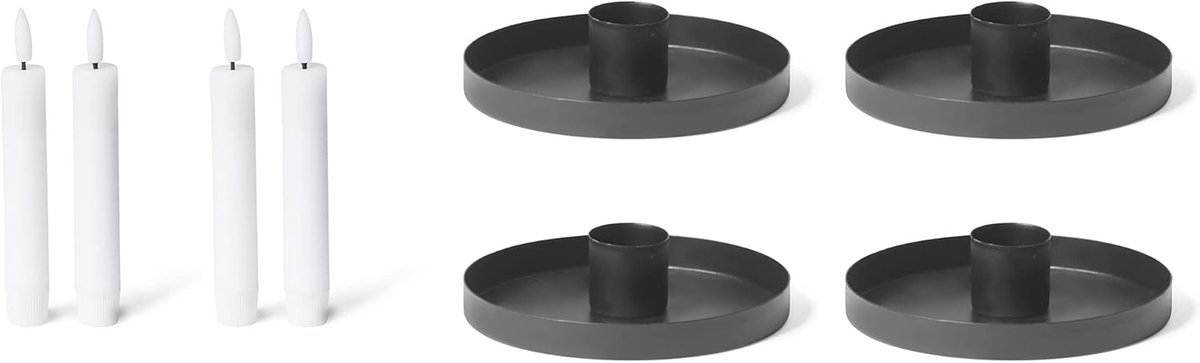 Novaliv 4x kaarsenhouders 9cm metalen stok kaarsenhouder ZWART met LED-kaarsen flikkerende vlam kaarsplaat kaarsenhouder kaarspen stokkaarsen Adventskrans Kerstmis scandinavisch chic wit