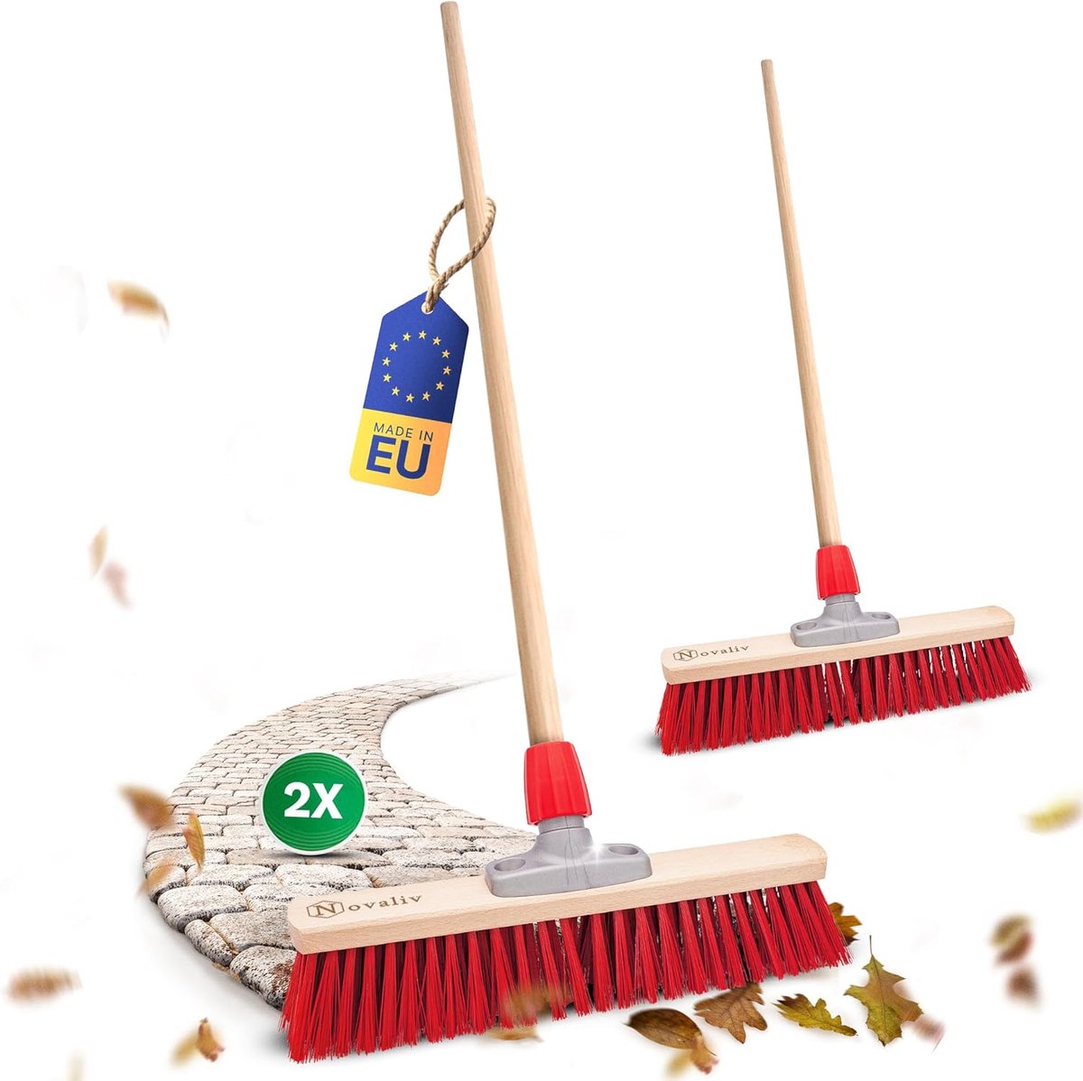2x straatbezem met steel 50 cm I hout I rood elastaan I grove industriële bezem veegbezem straatbezem brede tuinbezem buitenbezem buitenruimte