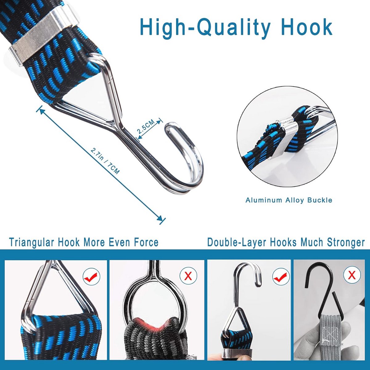 Heavy Duty Bungee Koorden met Haken - 4 Stuks, Elastische Bevestigingsriemen voor Fietsen, Camping, Auto en Dakdrager - 69 cm Blauw thumbnail 4