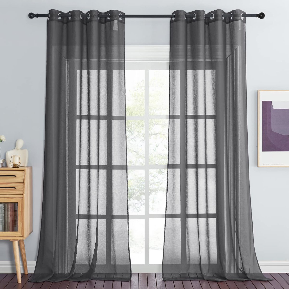 Ibenzoa Gordijnenset van Twee Stuks in Donkergrijs Linnenlook met Ogen voor Woonkamer en Slaapkamer, 245x140 cm